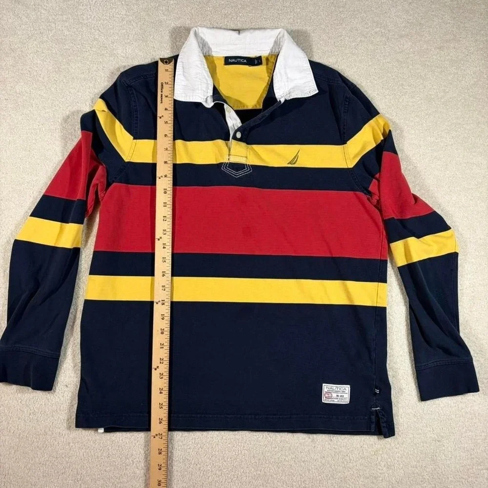 Nautica Rugby Shirt Mens‎ Large Blue Red Yellow Striped Long Sleeve Polo Vintage